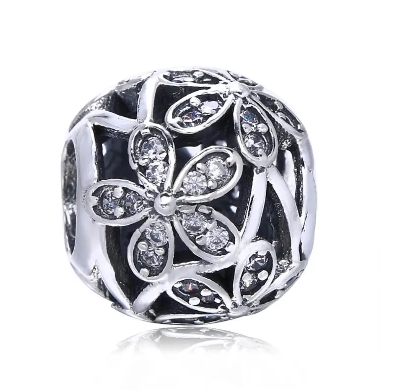 

Authentic 925 Sterling Silver Bead Charm Openwork Daisy Flower With Crystal Bead Fit Pandora Bracelet & Bangle Women Diy Jewelry