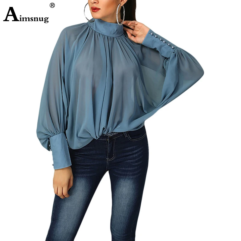 

2019 New Sexy chiffon Solid Women Blouse pleated Turtleneck loose bat sleeve Lady Casual shirt perspective Button Female Blouse
