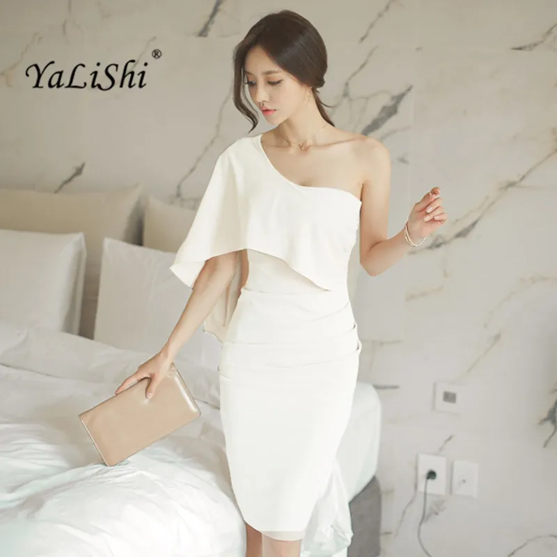 

YaLiShi Women Dress Bandage Office Bodycon Sexy Party White Dress 2019 One-Shoulder Ruffles Dresses Vestidos De Festa Femme