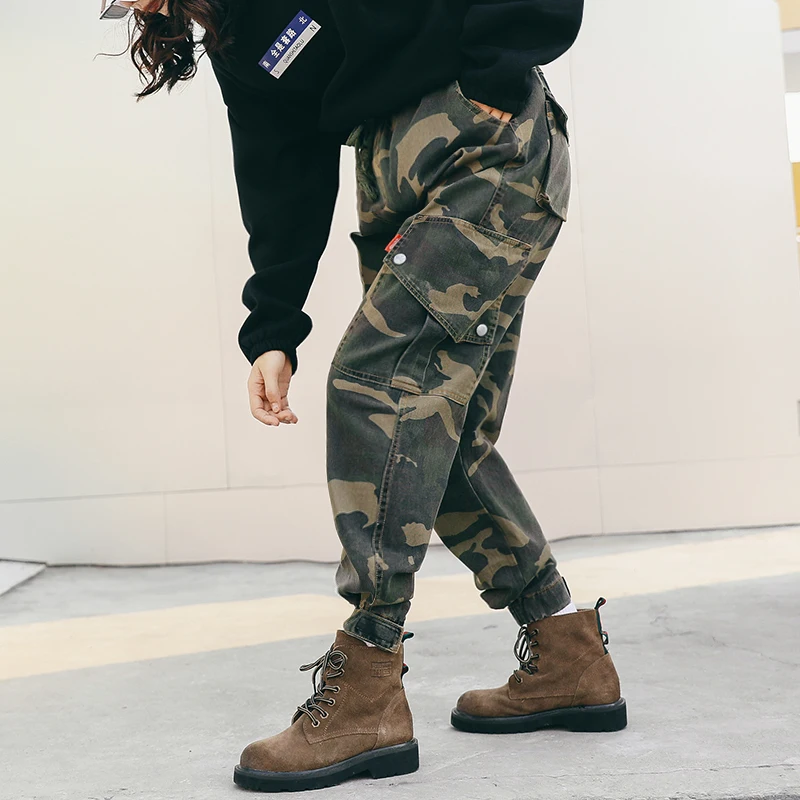 Black camouflage Pantalones Harajuku Bolsillo Camuflaje Moda Color Streetwear Sueltos Para Cargo De Mujer Talla Cordón Grande 6qSOrwx6aW