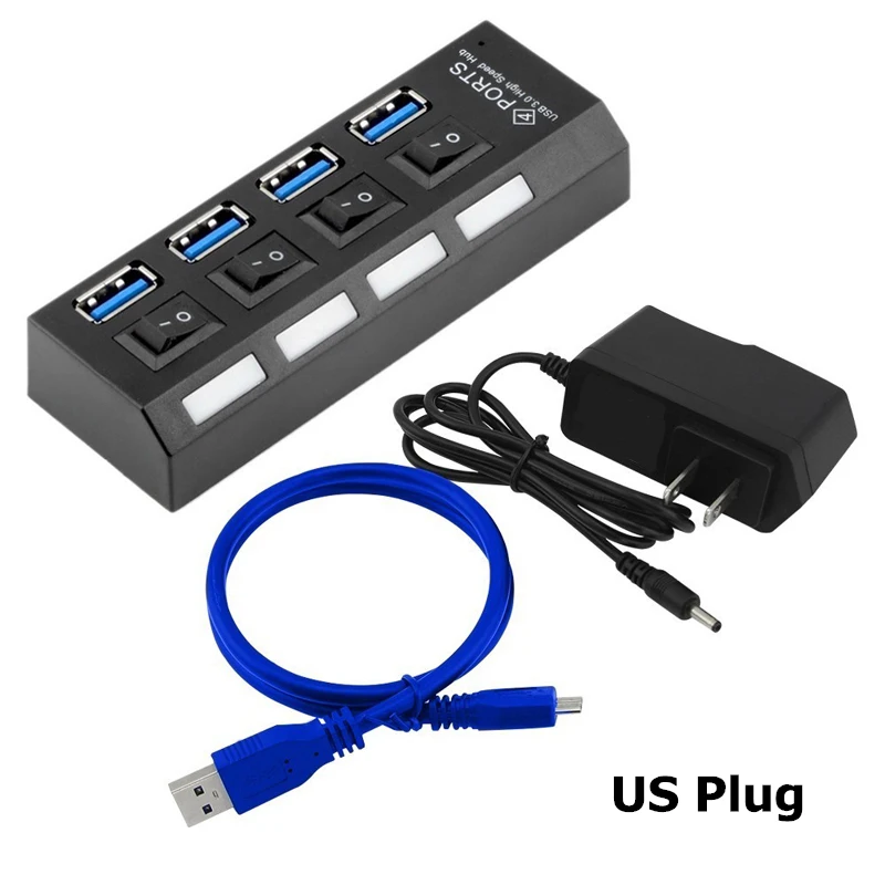 Мини usb-хаб 3,0 Супер скорость 5 Гбит/с 4 порта Портативный Micro USB 3,0 концентратор разветвитель с внешним 5В 2A адаптер питания аксессуары для ПК - Цвет: Black and US Adapter