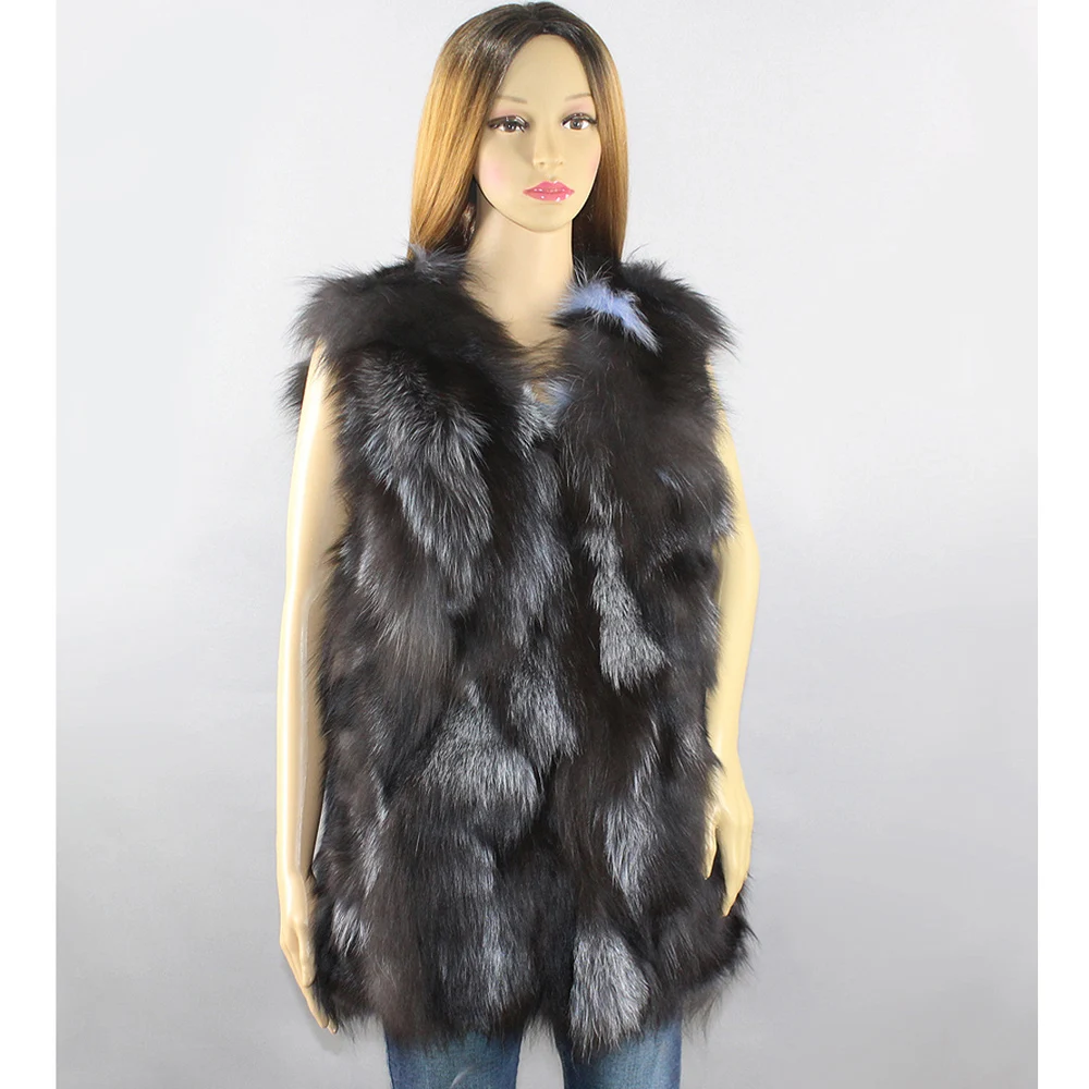 Hot Sale Women Real Fox Fur Vest Natural Real Sliver Fox Fur Long Style Warm Vest Lady Real Fox Fur Waistcoat Jacket