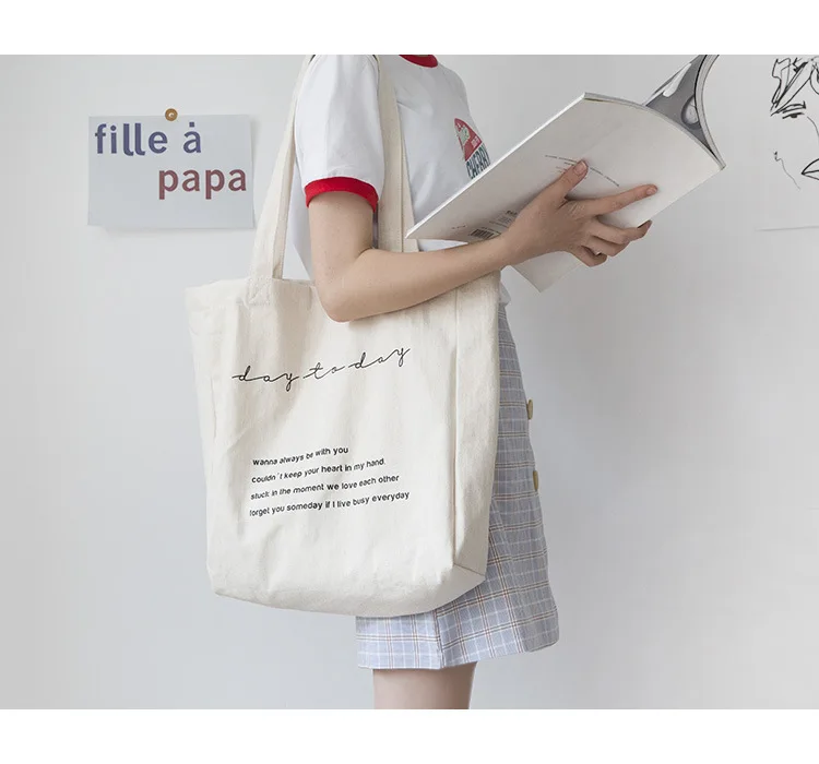 Women Canvas Shoulder Bag Day To Day Letters Print Daily Shopping Bags Students Books Bag Cotton Cloth Handbags Tote For Girls