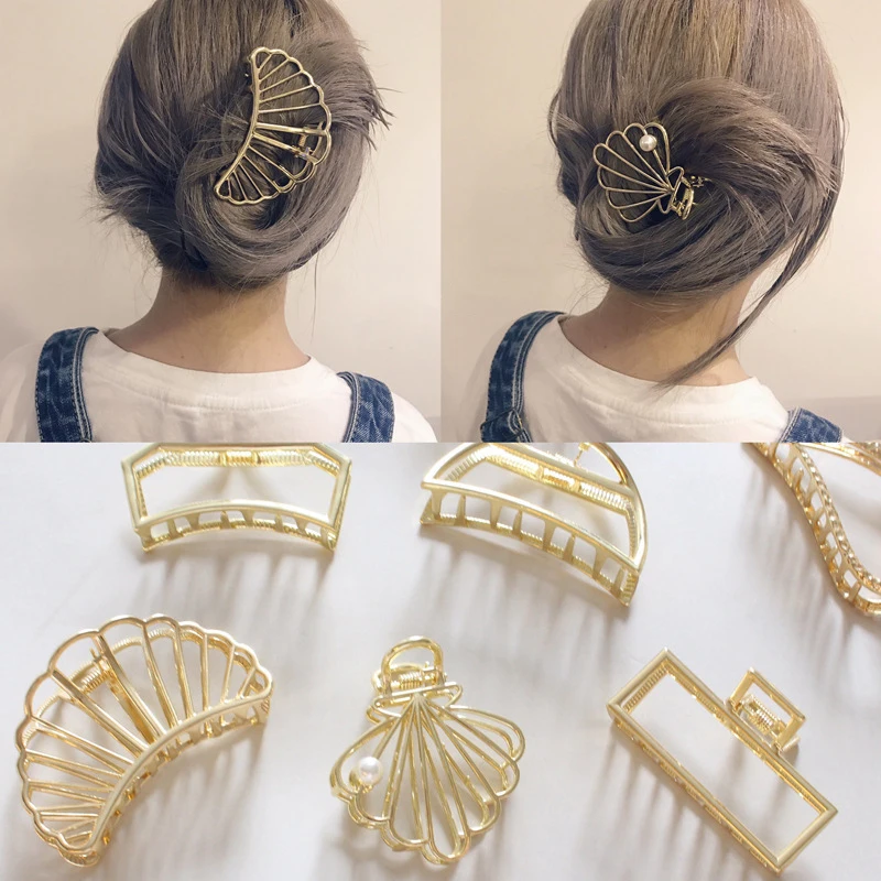 

New Fashion Hollow Out Shell Hair Claw For Women Moon Shape Gold Metal Barrette Hair Clamps Accessories
