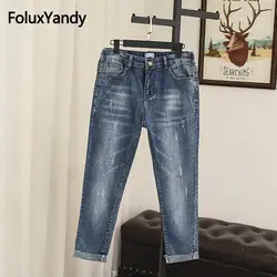 Отбеленные повседневные джинсы джинсовые узкие брюки новый 2018 Для женщин манжеты Зауженные джинсы Синий SWM1056