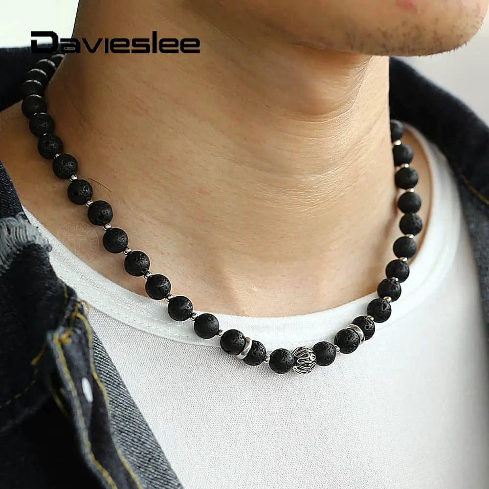 

8mm Lava Volcanic Rock Bead Necklace Stainless Steel Women Men Bead Charm Necklace Toggle Clasp 18inch Link Chain LTNB00301