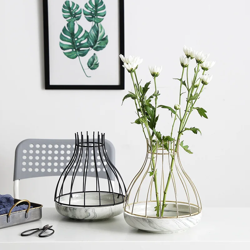 

Nordic style Marble Pattern Ceramic Iron Gold Flower Vase Tabletop Flowepot Home Wedding Decoration Accessories For Coffeehouse
