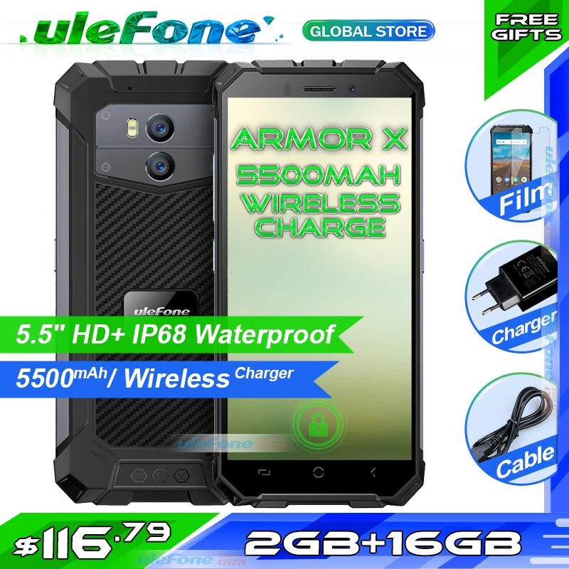 

Ulefone Armor X Waterproof IP68 Smartphone 5.5" HD + 18:9 Quad Core Android 8.1 2GB+16GB 13MP NFC 5500mAh Wireless Charge Phone