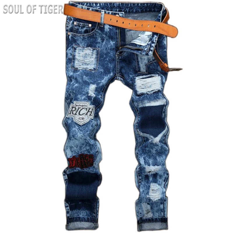 

European Style Luxury Designer Spring Autumn Men Pencil Jean Patch Hole Pantaloni Uomo In Cotone Mannen Slim Trousers Super Star