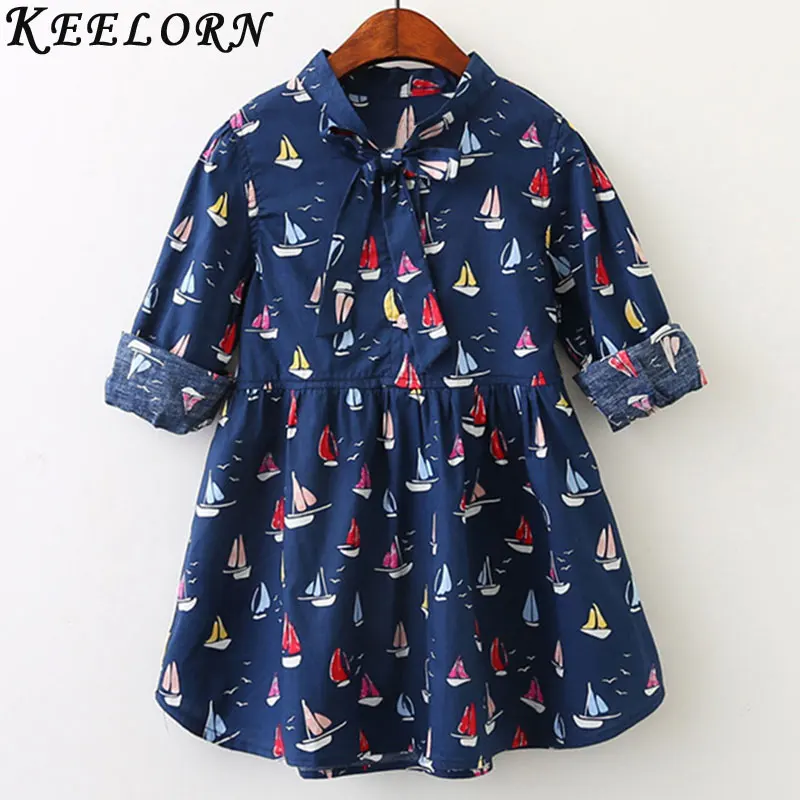 

Keelorn Girls Dress England Style Kids Dresses For Girls Sailboat Print Girs Clothes Bow decoration Princess Dress Kids Clothes