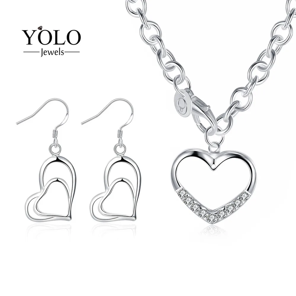 

Heart Hollow Style Metal Jewelry Set for Women Silver Color AAA Cubic Zirconia Necklace Drop Earrings with Heart Statement