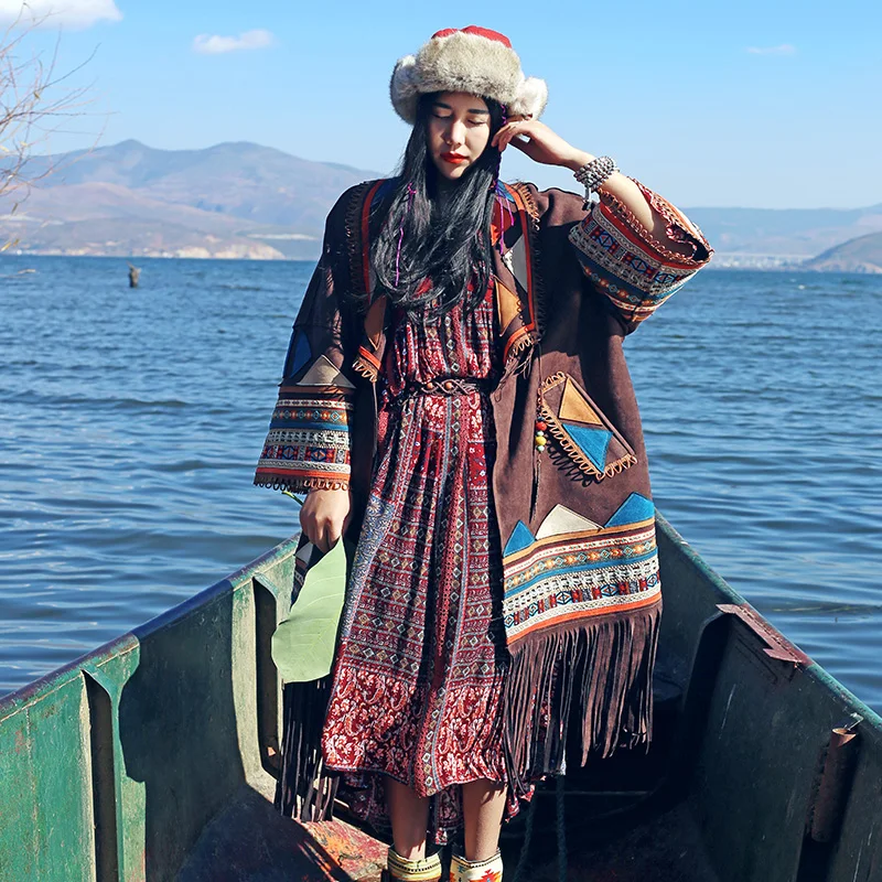 

MX111 New Autumn 2016 vintage hippie style oversized loose X Long ethnic embroidered patchwork tassel suede trench coat women