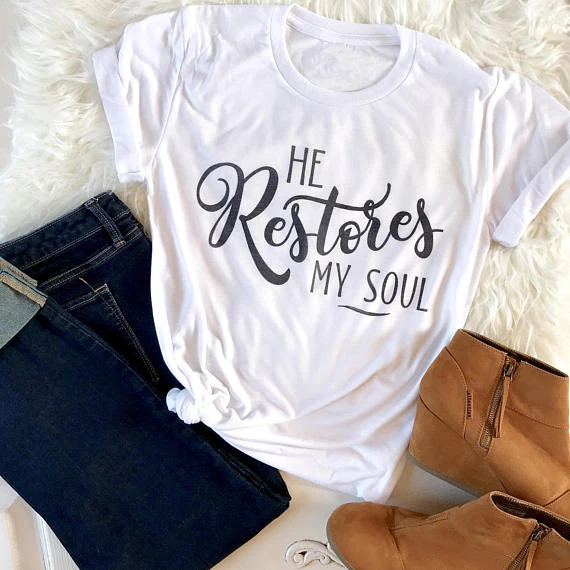 

Sugarbaby He Restores My Soul T-Shirt Funny letter printed tee graphic hipster Christian Shirt Tumblr Style 90s Girl Grunge Top