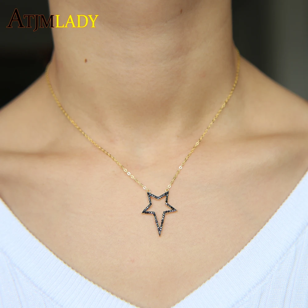

black jewelry gold color two tone high quality factory 2018 new design Star pendant black cz women girl silver 925 necklace