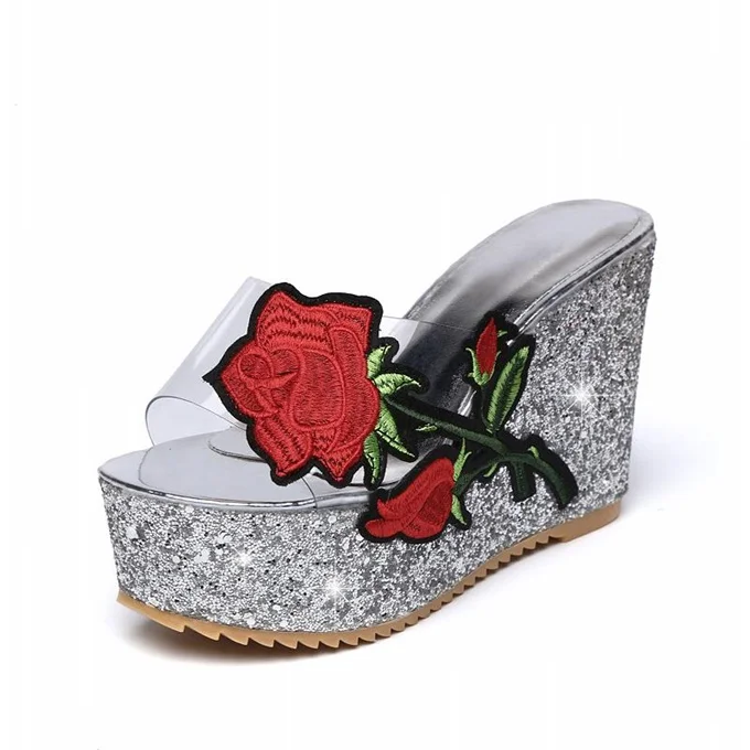 

Women Slippers Women Sandals 2019 Summer New Embroidered Rose Transparent Slippers High Heels Shoes Wedges Shoes Beach Slippers