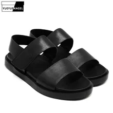 Летние сандалии для мужчин Высокое качество кожа дышащие повседневные плоские пляжная обувь на платформе модные с открытым носком Нескользящие мужские сандалии черный