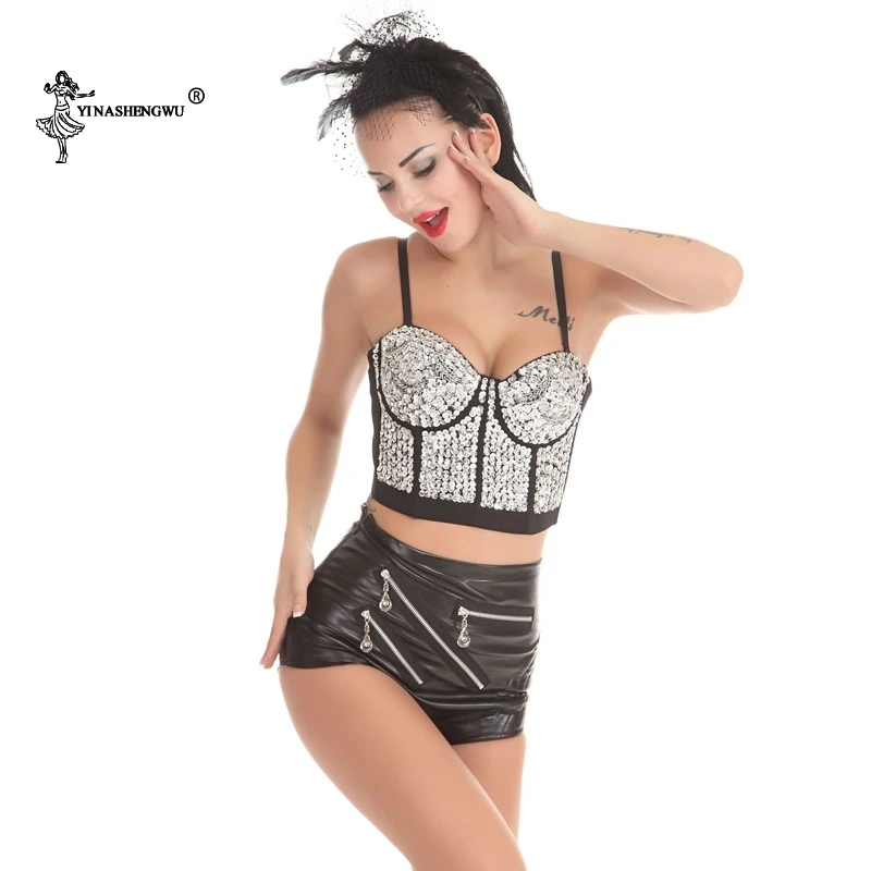 Women Sexy Bodysuit Jazz Dance Costumes Rhinestone Diamond Bra top Short leather pants Female Ds Dj Stage For Singer Nightclub