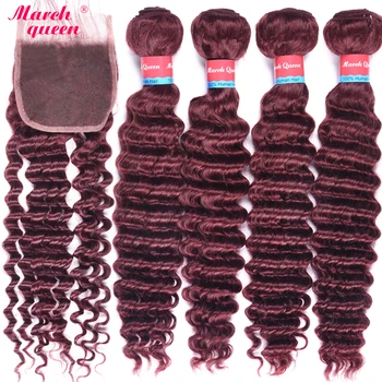 

March Queen Burmese Human Hair Weave With Closure #99J Red Wine Color Deep Wave 4 Bundles With Lace Closure Free Part Curly Hair