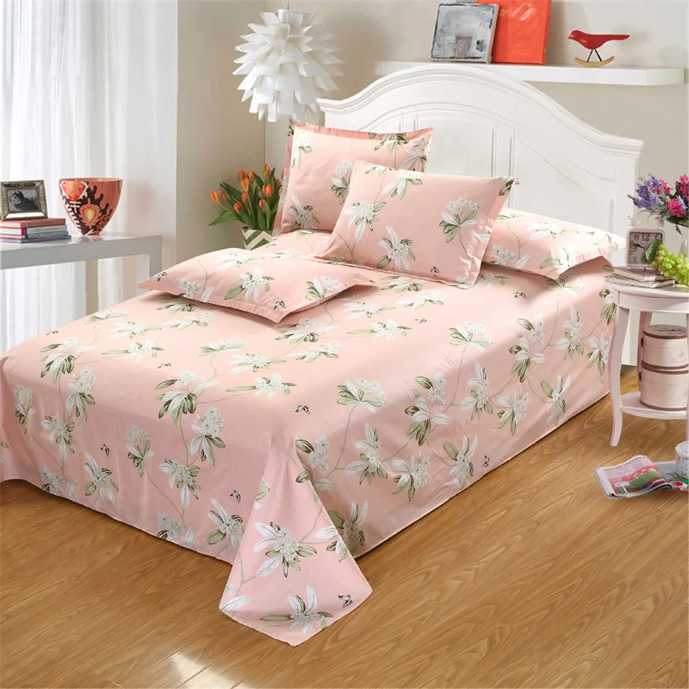 Pink princess Rural style flat sheet white flowers pattern twin queen