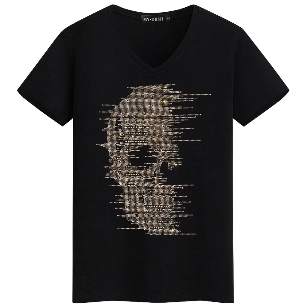 Big size 5XL Mask Unique Man Shinning Diamond Stone T-shirt Short Sleeve high quality Peking Opera Rhinestone Print men t shirts - Цвет: T005-V-Black