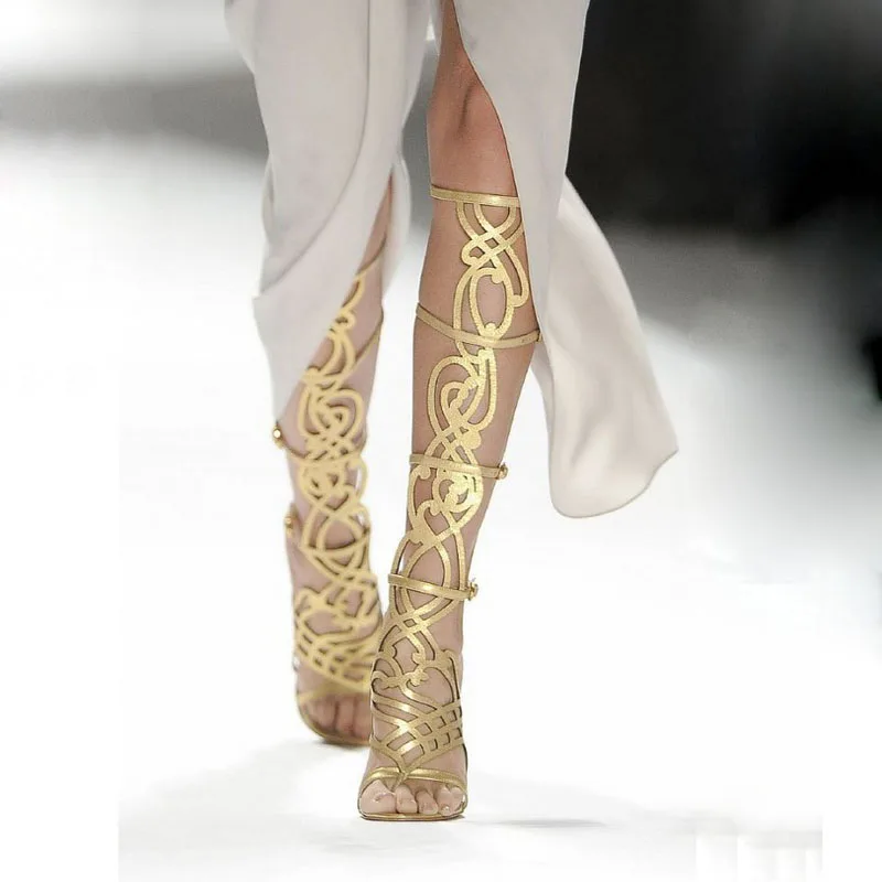 

Factory Sexy Gold Hollow out Knee High Boots Summer Thin High Heels Gold Strappy Fretwork Thong toe Buckle Cutout Sandals Botas