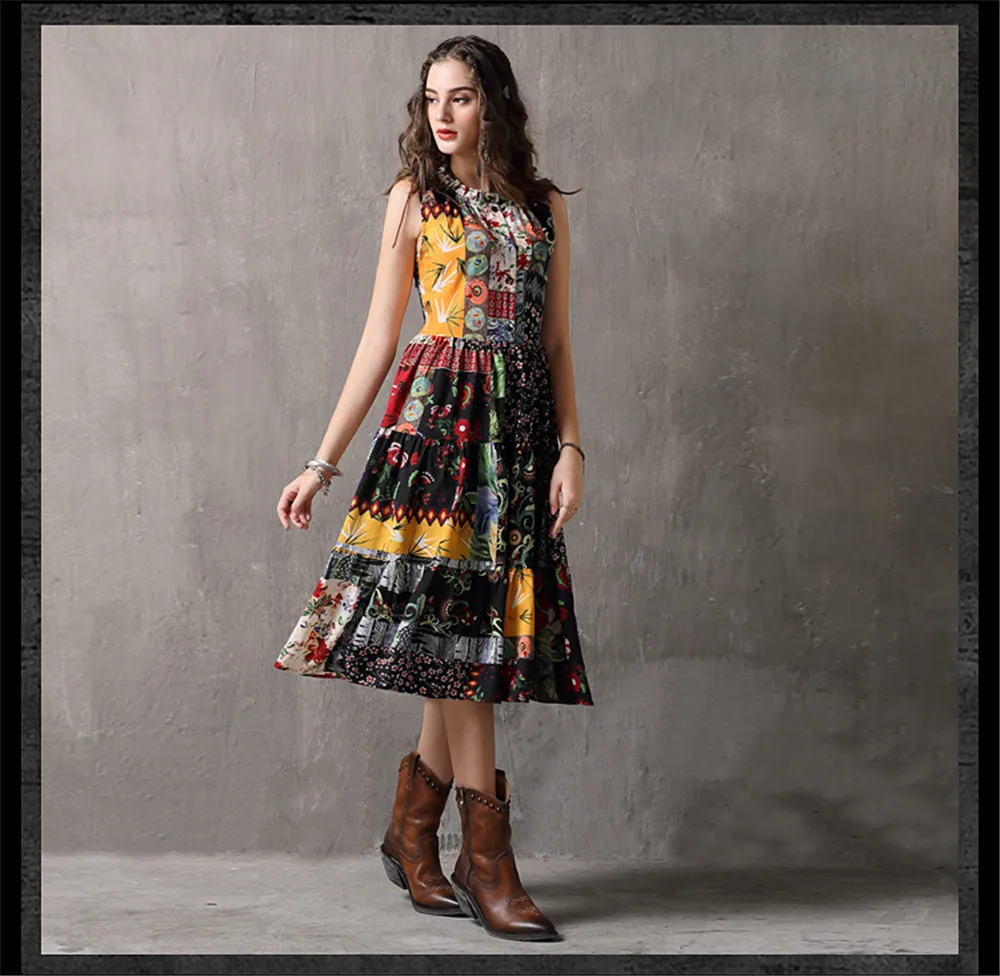 Vintage Printed Summer Dress 2018 New Denim Women Tank Dresses Sleeveless A-line Ruffles Hem Sundresses Vestidos Femininas (10)