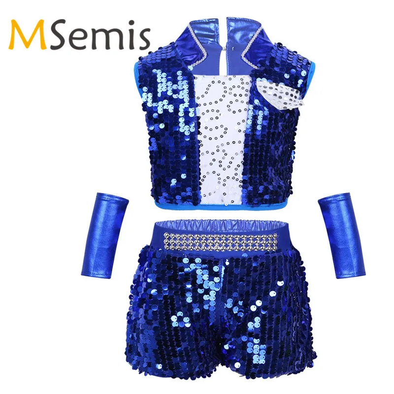 

Children Jazz Dance Costume for Kids Girls Hip-hop Crop Top with Shorts Outfit Shiny Sequins Boys Jazz Crop Top for Performance