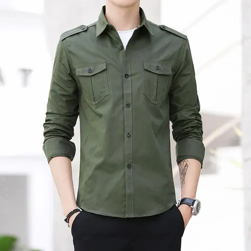 Мужская рубашка, новинка, хлопок, стиль сафари, модная, однотонная, высокое качество, удобная, с длинным рукавом, рубашка с плечевым ремнем, мужские рубашки - Цвет: Army green