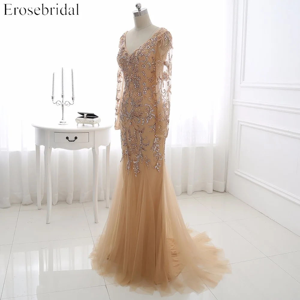 Роскошное вечернее платье с бисером и длинным шлейфом, с блестками, с открытой спиной, с длинными рукавами, с v-образным вырезом, официальное вечернее платье ZLR008
