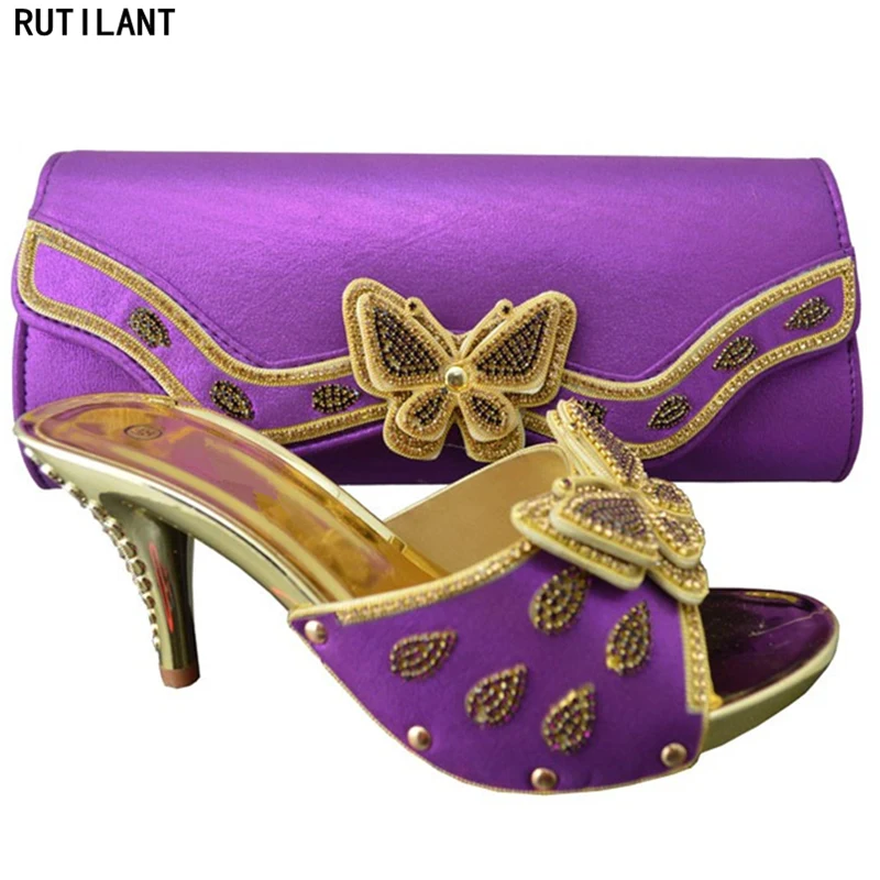 

New Purple Color African Matching Shoes and Bags Italian In Women Matching Italian Shoe and Bag Set Decorated with Rhinestone