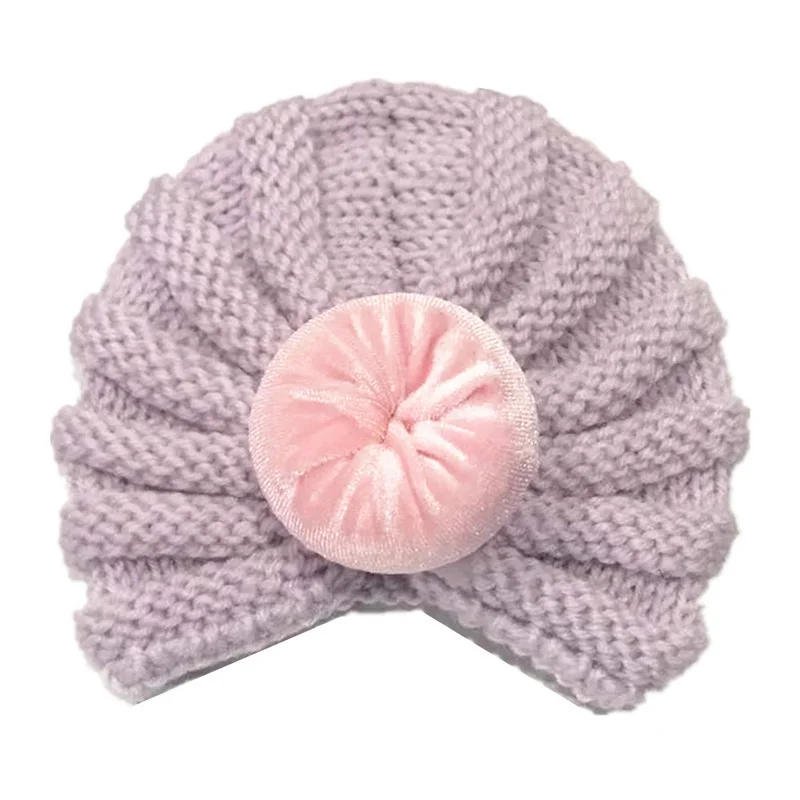Модная детская зимняя шапка, вязаная детская шапка для девочек, Шапка-бини, детские шапки-тюрбан, 12 цветов, шляпа для фотографирования новорожденных - Цвет: Lavender baby hat