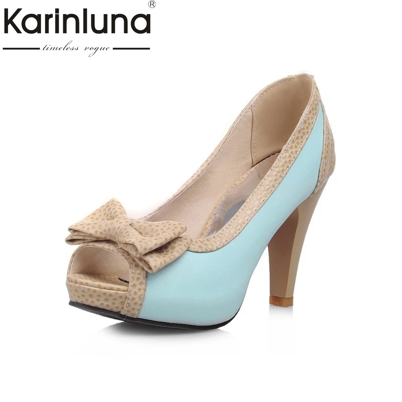 

KARINLUNA 2018 Big Size 32-43 Mixed Colors Bowtie Peep Toe Platform Woman Shoes Sexy Spike High Heels Party Wedding Sandals