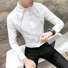 Men Lace Shirt New Designer Wedding Shirts For Men Fashion Social Club Party Black White Dress Shirts Smoking Long Sleeve