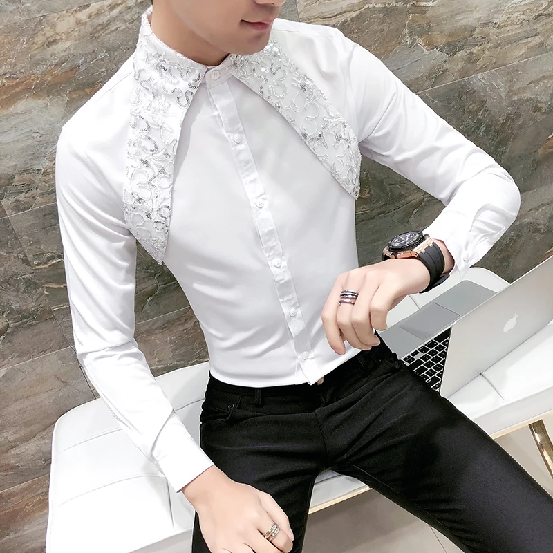 

Men Lace Shirt 2018 New Designer Wedding Shirts For Men Fashion Social Club Party Black White Dress Shirts Smoking Long Sleeve