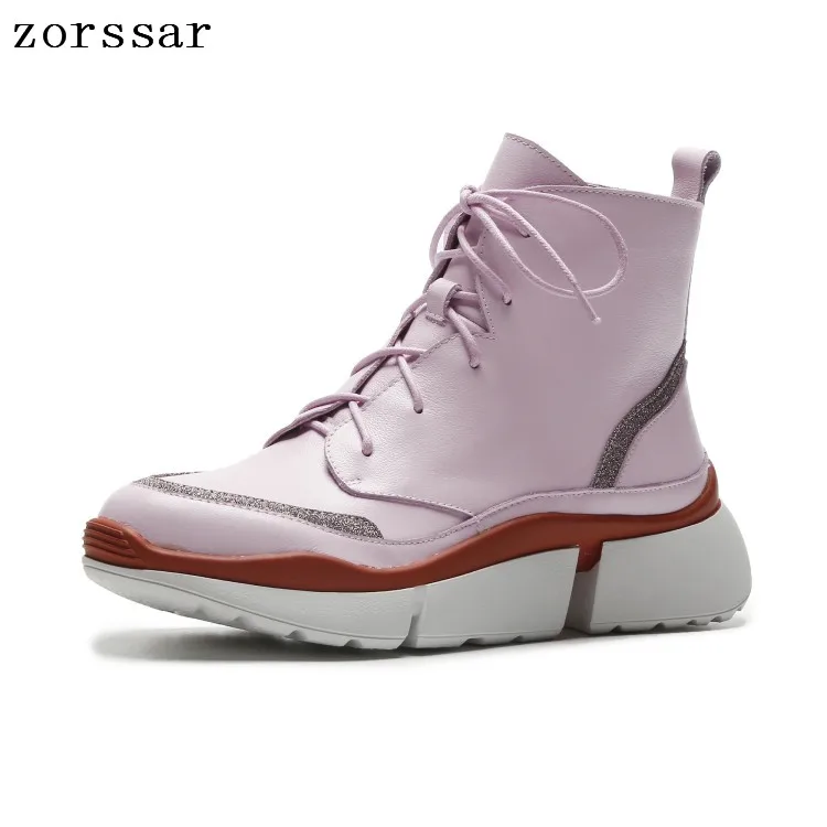 

{Zorssar} fashion sneakers women boots 2018 Autumn winter ladies shoes Real leather platform ankle boots casual women flat shoes
