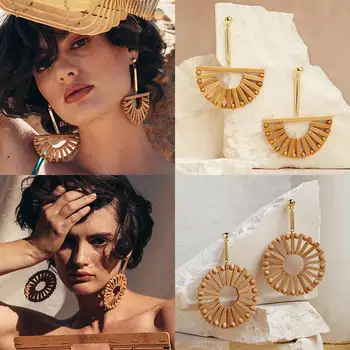 

Dvacaman Cult Gaia Round Fan Wooden Big Drop Earrings Women Boho Handmade Woven Rattan Jewelry Girl Summer Party Dangle Earrings