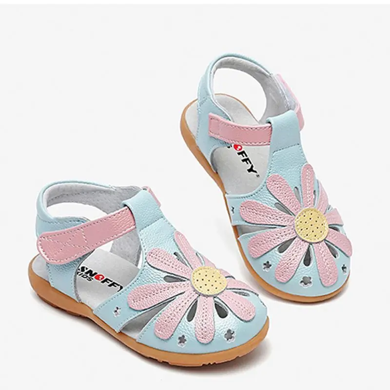 Snoffy/Летняя детская обувь; сандалии для девочек из натуральной кожи с цветами; детская обувь принцессы с закрытым носком; сандалии для малышей; TX163