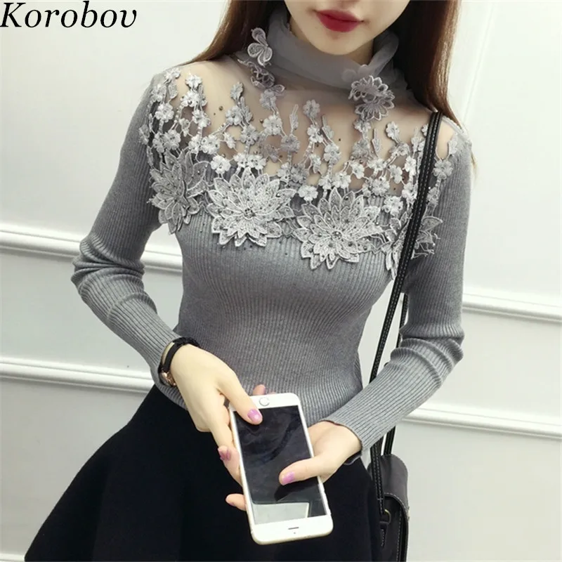 

Korobov Korean Mesh Turtleneck Knitwear Feminina New Flower Appliques Sweaters Hollow Out Sexy Women Pullovers 76446