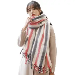 Новая мода полосой контрастного цвета кисточкой шарфы для Для женщин шарф леди осень-зима Длинные теплые Одеяло шаль Прямая поставка F2
