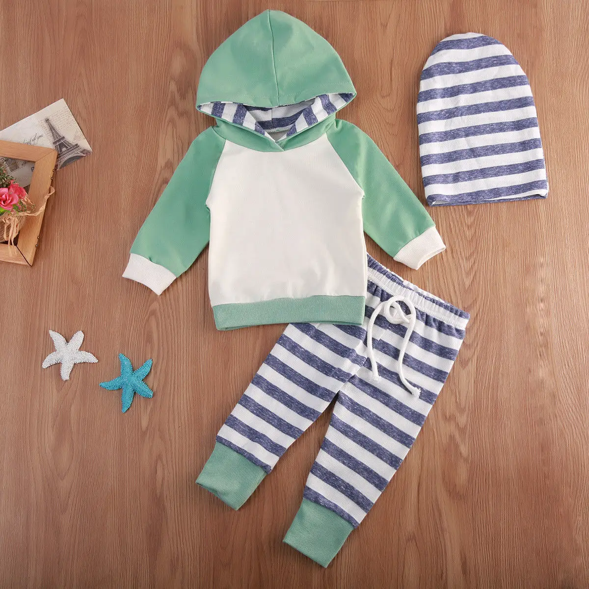 Новая брендовая Толстовка с длинным рукавом для новорожденных мальчиков и девочек штаны в полоску с капюшоном комплекты одежды из 3 предметов