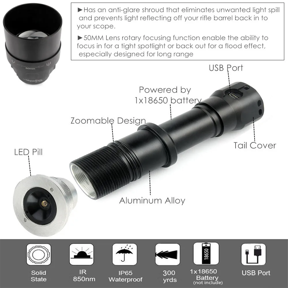 UniqueFire 1605 IR 940NM светодиодный светильник-вспышка 50 мм объектив инфракрасный светильник ночного видения 3 режима перезаряжаемый с пультом дистанционного управления