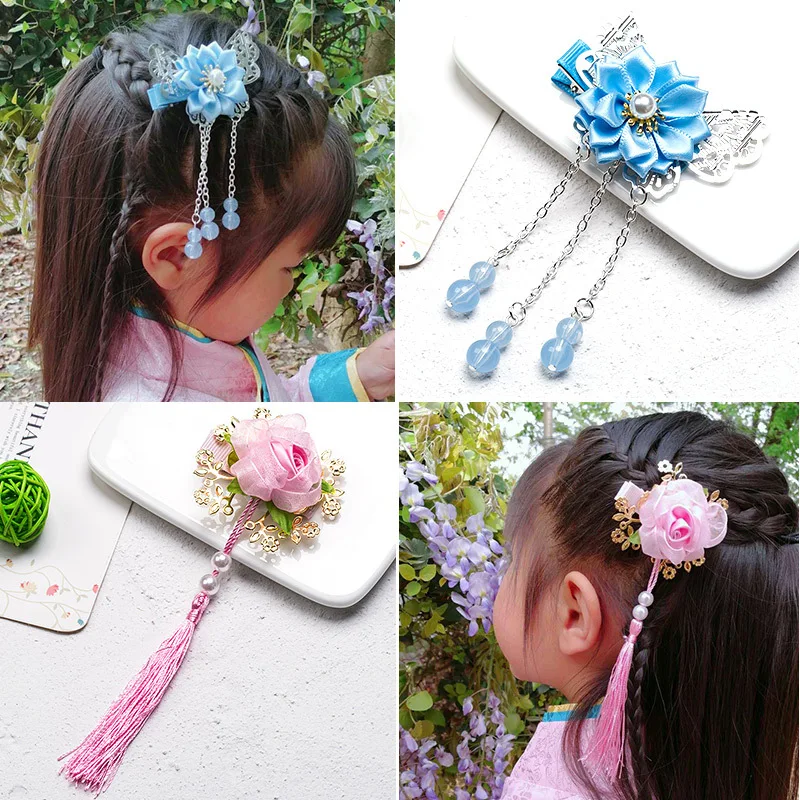Разноцветные детские заколки для волос для девочек заколки для волос Китайская традиционная принцесса кисточки цветок заколки для волос