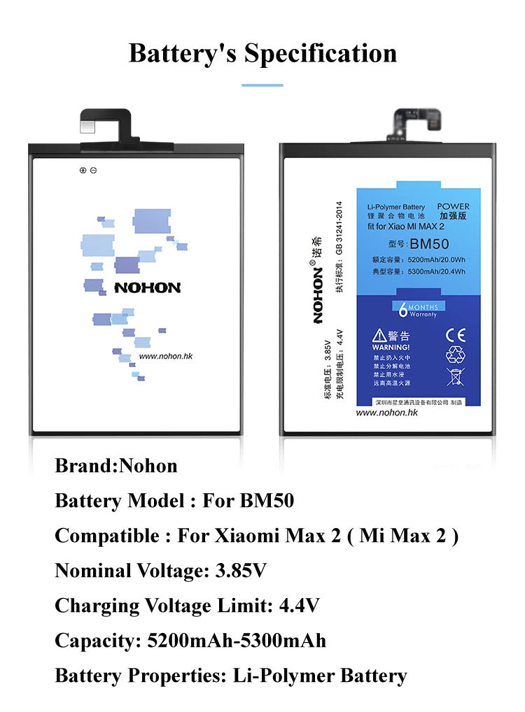 Nohon Аккумулятор для Xiao mi Max 2 BM50 5200 мАч 5300 мАч Высокая емкость литий-полимерная батарея+ Бесплатные инструменты для mi Max 2 Max2 батарея