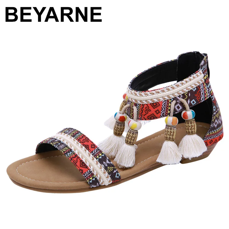 BEYARNE/женские босоножки; Летняя женская обувь на плоской подошве в богемном этническом стиле; женские босоножки; сандалии со стразами; пляжные удобные шлепанцы