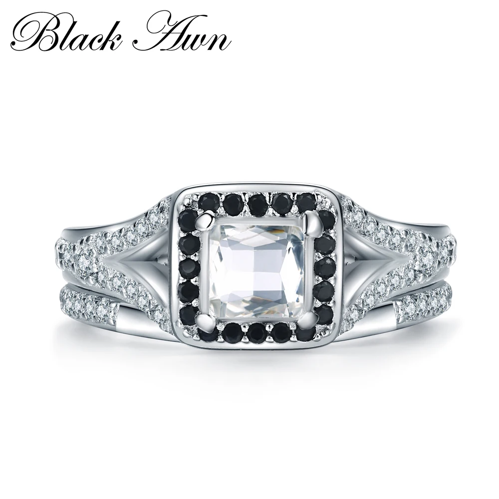 

[BLACK AWN] 925 Sterling Silver Fine Jewelry Classic Black Spinel Engagement Bague Ring Sets for Women Wedding Size 7 C059
