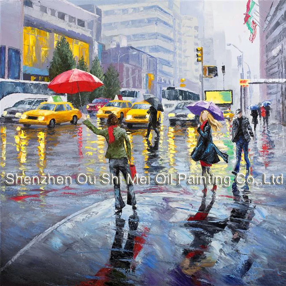 

Girl with Red Umbrella Rain Street New York Scenery Paintings Hand painted Knife Landscape Painting on Canvas for Wall Decor