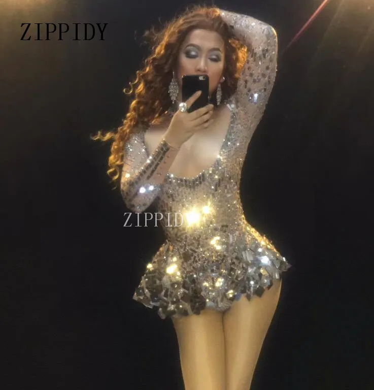 Shining Mirrors Stones Dress Female Singer Dancer Bright Costume One-piece Nightclub Dress Oufit Dancing Show Party Dresses