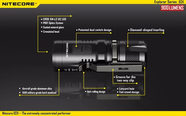 NITECORE EC11 900 люмен фонарик с 18350 перезаряжаемой батареей водонепроницаемый спасательный Открытый Поиск Кемпинг