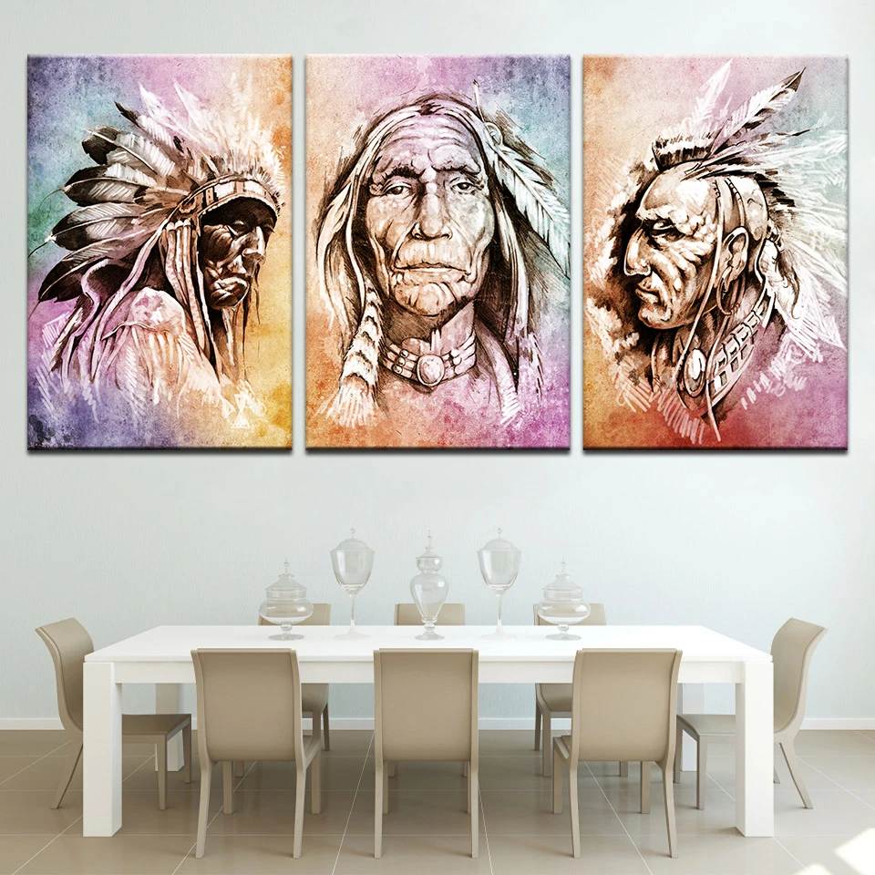 Native American Indian Canvas Paintings 3 Panel Poster and Print Canvas