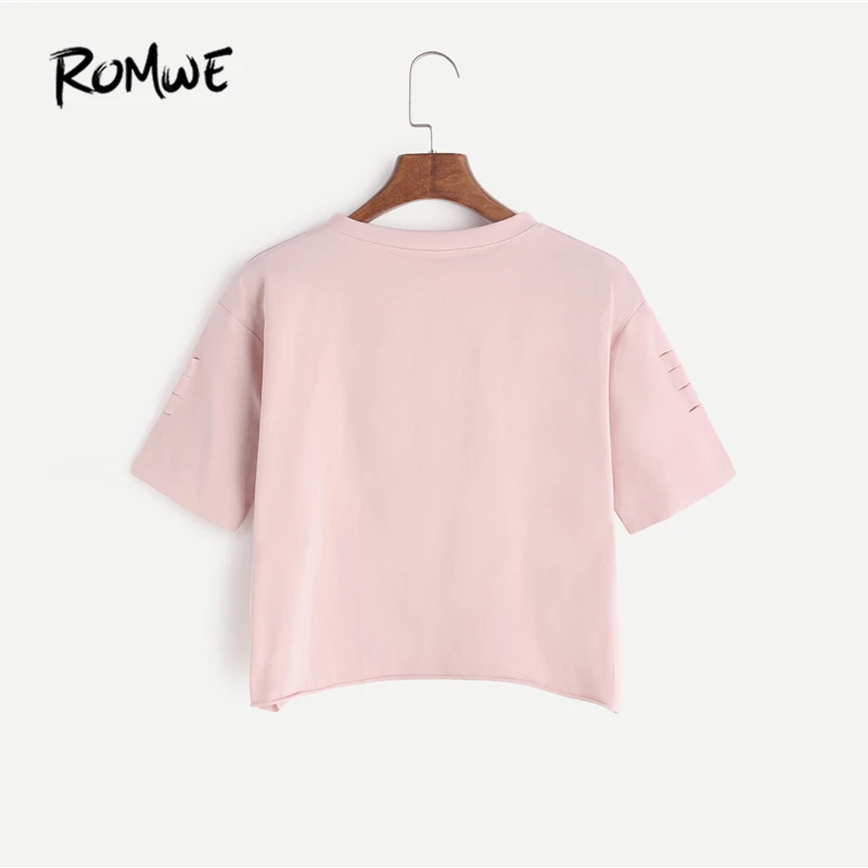 ROMWE розовая футболка с принтом жестов, Весенняя футболка с круглым вырезом и коротким рукавом в стиле рок, Женская Повседневная футболка с вырезами